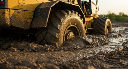 Obraz premium Heavy yellow loader truck powerfully driving through thick mud on a construction site during a golden hour sunset