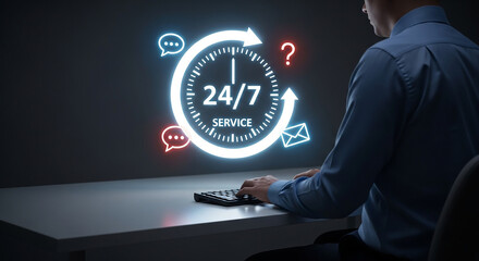 Man working on computer with glowing 24 7 customer support service icons including chat email and question mark on dark background representing nonstop assistance

