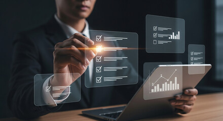 Businessman analyzing digital data dashboard on touchscreen with charts checklists and futuristic interface for productivity and performance optimization

