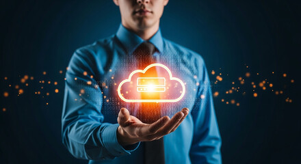Businessman presenting glowing cloud computing icon with server symbol representing modern data storage technology innovation and digital infrastructure

