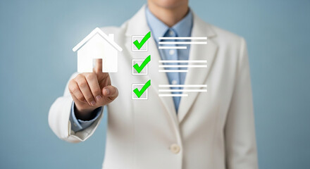 Real estate agent selecting home checklist with green check marks representing property inspection buying process housing requirements and real estate decision making

