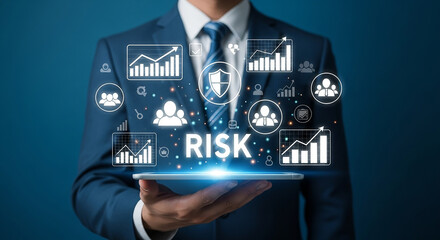 Businessman holding tablet with digital risk management dashboard icons representing financial uncertainty data analysis protection and strategic decision making

