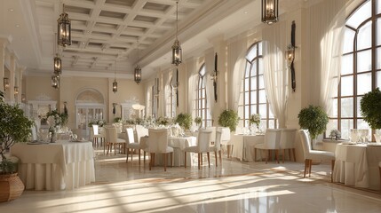 Elegant dining hall with natural light and stylish decor ideal for formal gatherings and special occasions