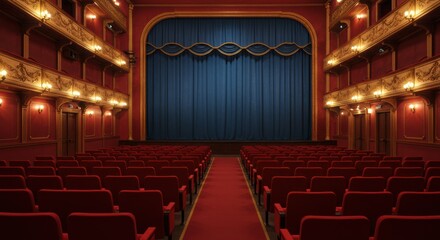 Naklejka premium Grand theater interior with red velvet seats and a closed blue curtain anticipating an upcoming show or play