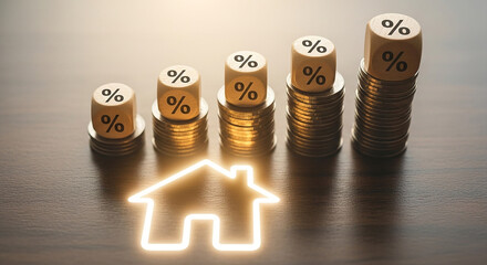 Stacks of coins with percentage signs and glowing house icon representing rising mortgage interest rates property investment housing finance and real estate growth

