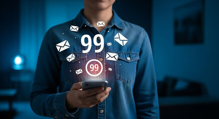 Woman receiving digital email notifications on smartphone with message icons and unread count representing online communication overload and digital inbox stress

