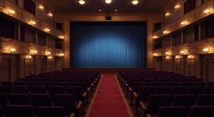 Grand theater auditorium with blue curtain stage and purple seating evokes a classic performance venue