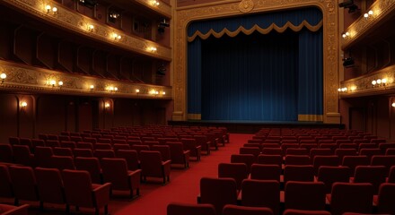 Grand vintage theater showcases rows of plush red seats facing a majestic blue curtain stage ready for captivating performances