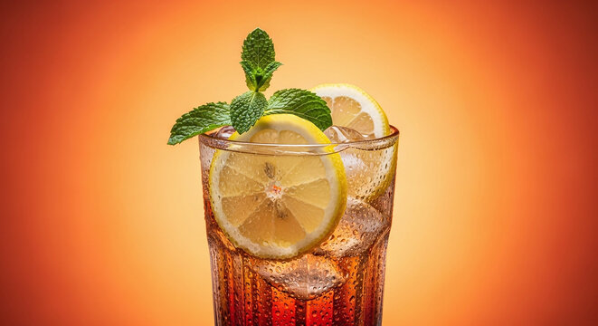 'Refreshing cola drink with lemon slices and mint garnish, served in a tall glass with condensation against a warm orange backg...