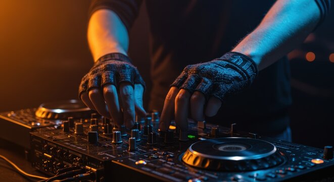 Professional DJ skillfully mixing music at a vibrant club enhancing the energetic atmosphere with colorful lights and expert sound manipulation