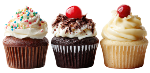 Three cupcakes with different toppings
