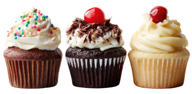 Three cupcakes with different toppings
