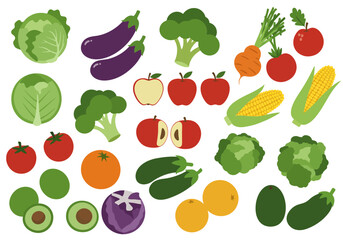 An array of various fruits and vegetables are scattered around the image