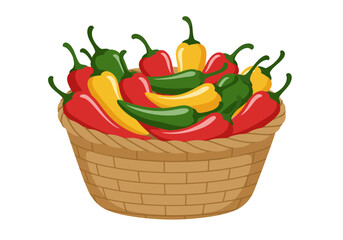Basket of colorful peppers red yellow and green with a woven basket container