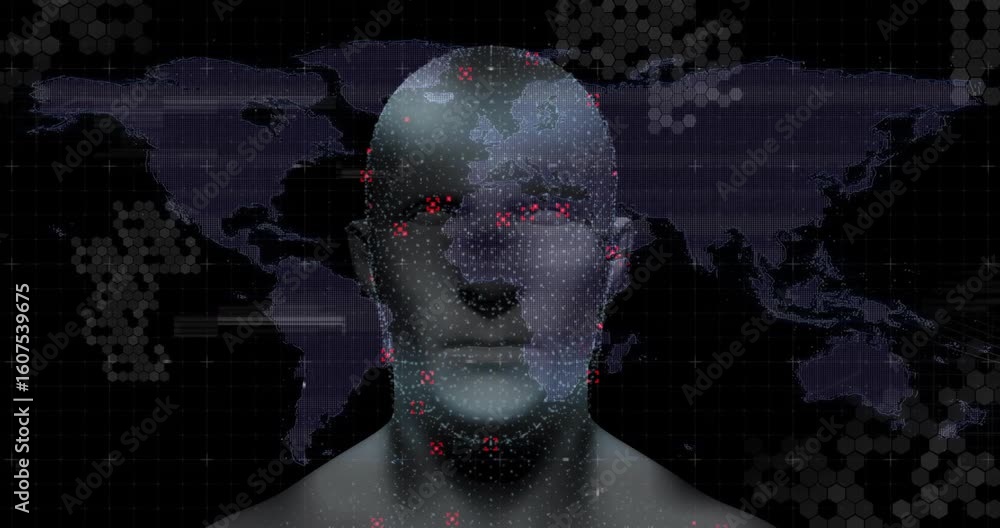 Poster sphere appearing initiating head formation, clustering nodes, scanning glitch lines for diagnostic