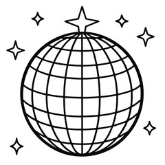 Disco Ball with Stars Outline Illustration, Party Celebration, Black and White Design