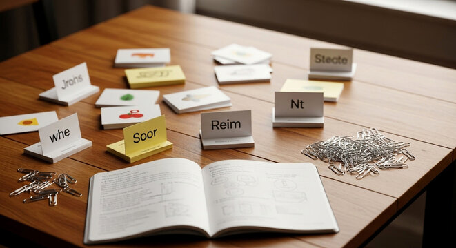 Vocabulary learning cards education study table with notebook and paper clips school supplies for students