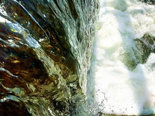 Wildlife. Mountain river. Thresholds of water sources. Transparent water. Movement of water in...