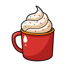 Cartoon red mug of hot chocolate with whipped cream and sprinkles vector illustration image art