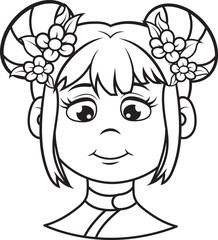 Adorable niña de dibujos animados con moños de flores lista para colorear y divertirse creativamente.