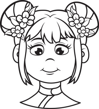 Adorable ni&ntilde;a de dibujos animados con mo&ntilde;os de flores lista para colorear y divertirse creativamente.