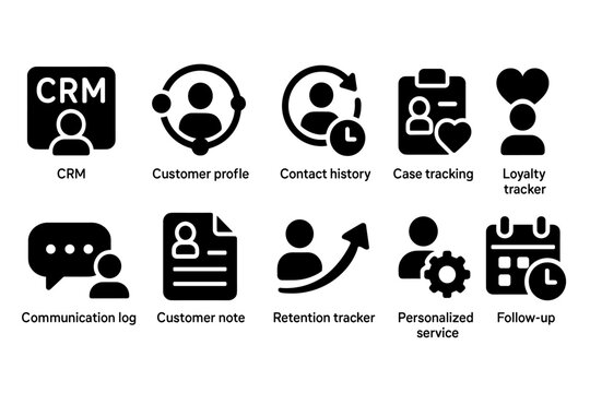 Set of CRM Icons Representing Customer Relationship Management Tools and Features