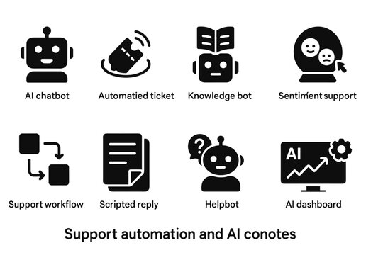Set of Eight Black Icons Representing Support Automation and AI Technologies