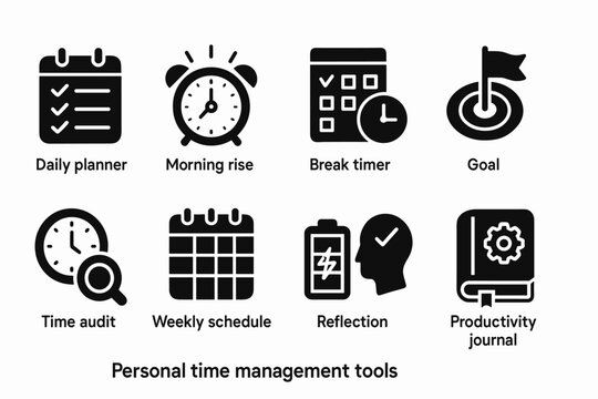 Personal Time Management Icons Set with Daily Planner, Alarm, and Productivity Journal