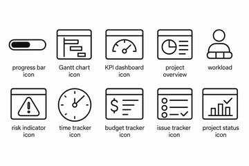 Project Management Icons Set: Progress Bar, Gantt Chart, KPI Dashboard, Risk Indicator