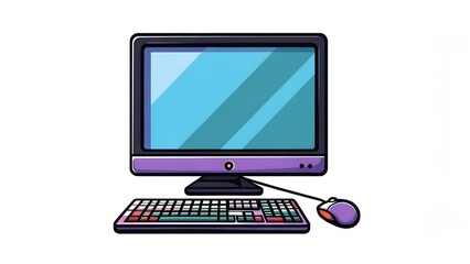 Vibrant Cartoon Desktop Computer Setup Illustration with Monitor, Keyboard, and Mouse