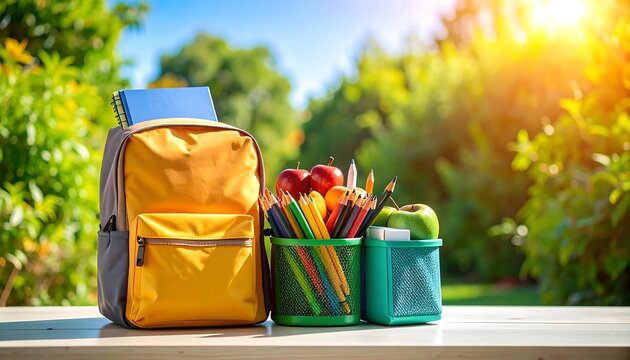 Backpack filled with school supplies outdoors