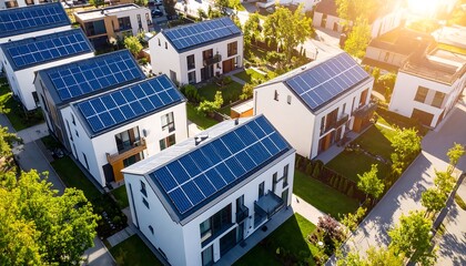Aerial view of a modern suburban neighborhood with solar panels on many houses