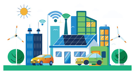Naklejka premium Smart city with electric cars and wind turbines solar panels