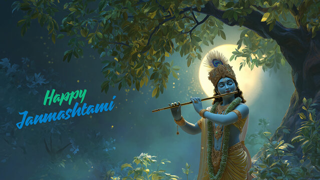 Krishna playing flute under kadamba tree bathed in moonlight halo, traditional peacock feather crown, serene Vrindavan night with glowing fireflies, soft mist swirling around, Happy Janmashtami writte