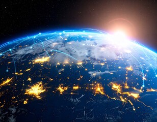 Obraz premium Global network connecting cities across the illuminated earth at night
