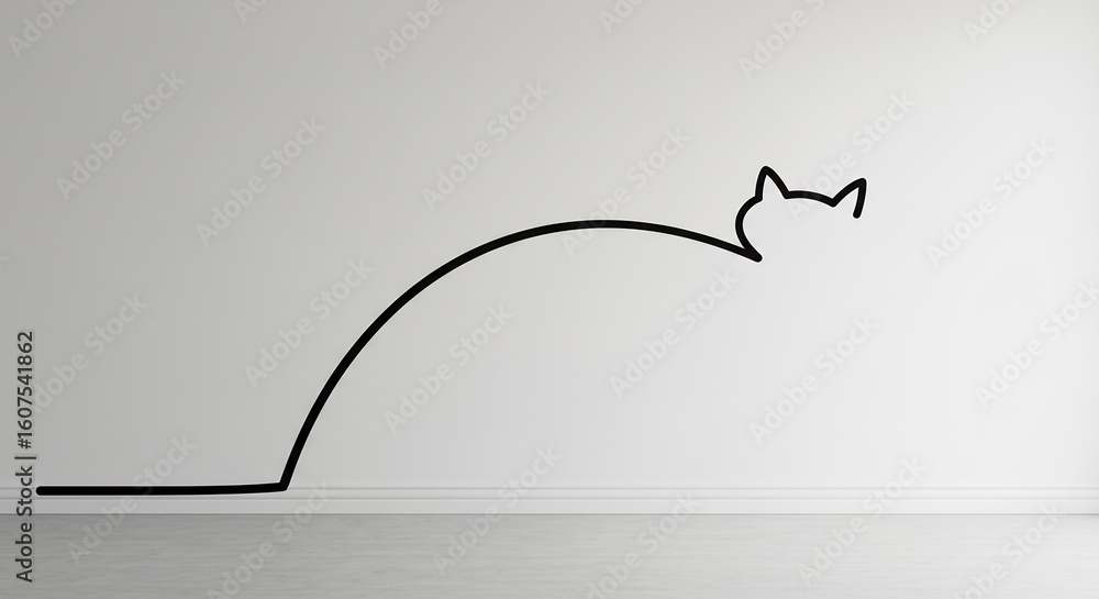 Poster a minimal interior scene with a simple black line drawing of a spooky cat with an arched back on a c