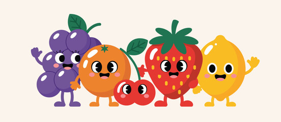 Cute cartoon fruits characters waving and smiling together