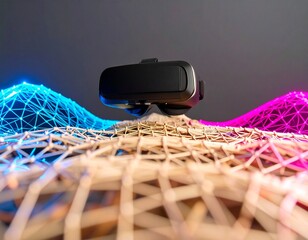 Virtual reality headset on a futuristic digital network structure with colorful lights