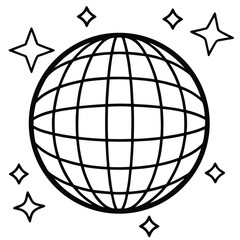 Black and White Line Art Disco Ball Surrounded by Sparkling Stars Illustration