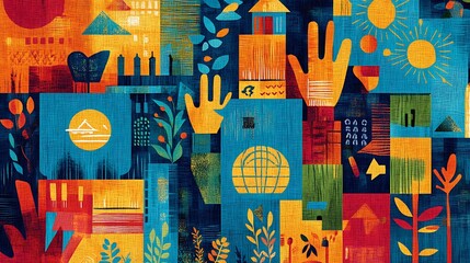 Sustainable development icons weaving into vibrant fabrics