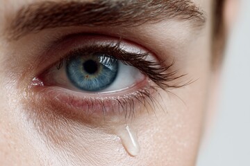 Close-up of blue eye with a tear rolling down.