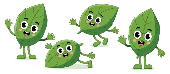 Obraz premium Four happy cartoon green leaves with arms and legs waving
