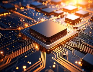 A square computer chip is centered on a blue circuit board with illuminated orange pathways