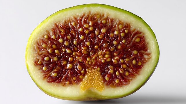 Fig closeup Ficus carica sliced fig macro interior fruit texture seeds white background high resolution fruit detail
