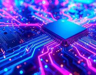 Abstract view of a blue and pink illuminated circuit board with a prominent computer chip