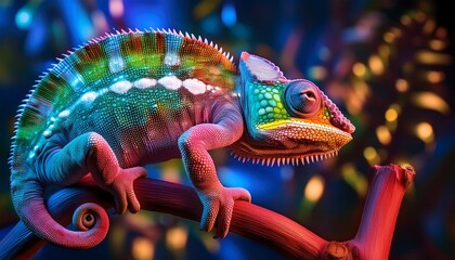 a chameleon changing colors amidst a kaleidoscope of neon lights illustrating adaptability and change