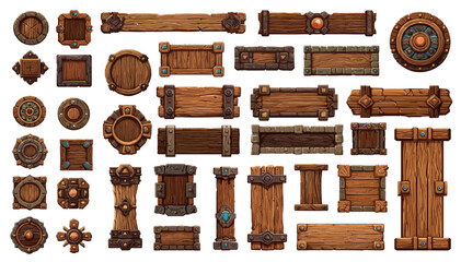 Mediaeval wooden game gui set. Cartoon frames, boards, buttons, panel, menu with wood, metal and stone texture. Vector user interface