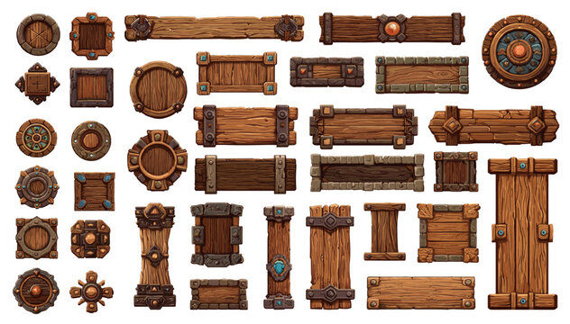 Mediaeval wooden game gui set. Cartoon frames, boards, buttons, panel, menu with wood, metal and stone texture. Vector user interface