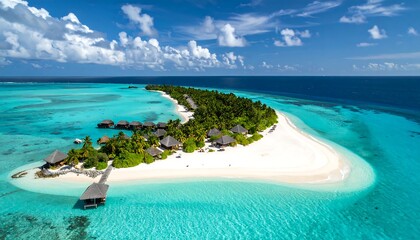 Fototapeta premium Aerial view of a tropical island resort, white sand beach, turquoise water, lush vegetation, and a clear blue sky