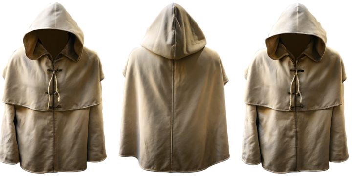 Hooded cloak with ties isolated on a transparent background